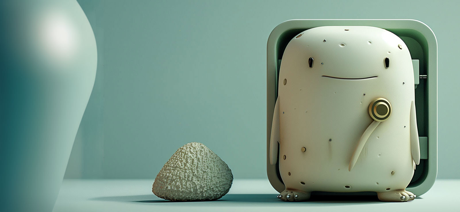 Stone figure sitting next to safe