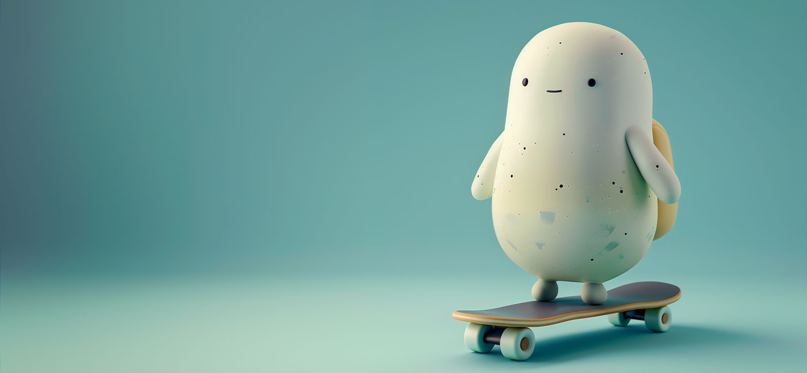 A stone figure student standing on a skateboard