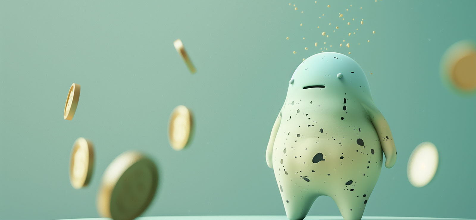 A stone figure in a shower of money