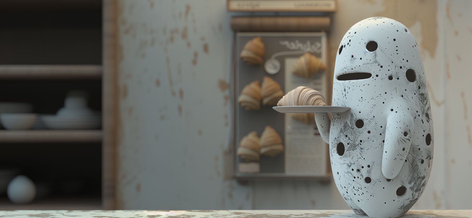 A stone figure serves croissants in a café