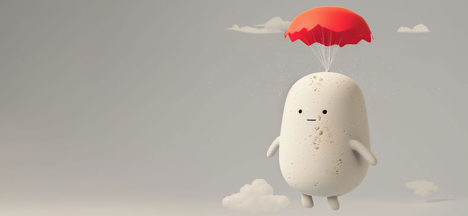 A large stone figure hangs from a much too small parachute