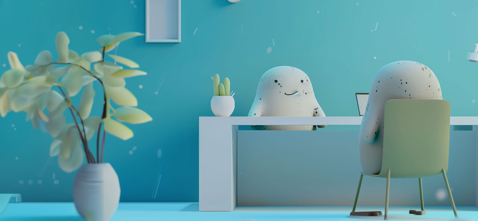 Two stone figures sit opposite each other at a desk