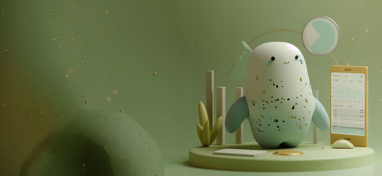 A stone figure keeps an eye on her finances on her mobile phone