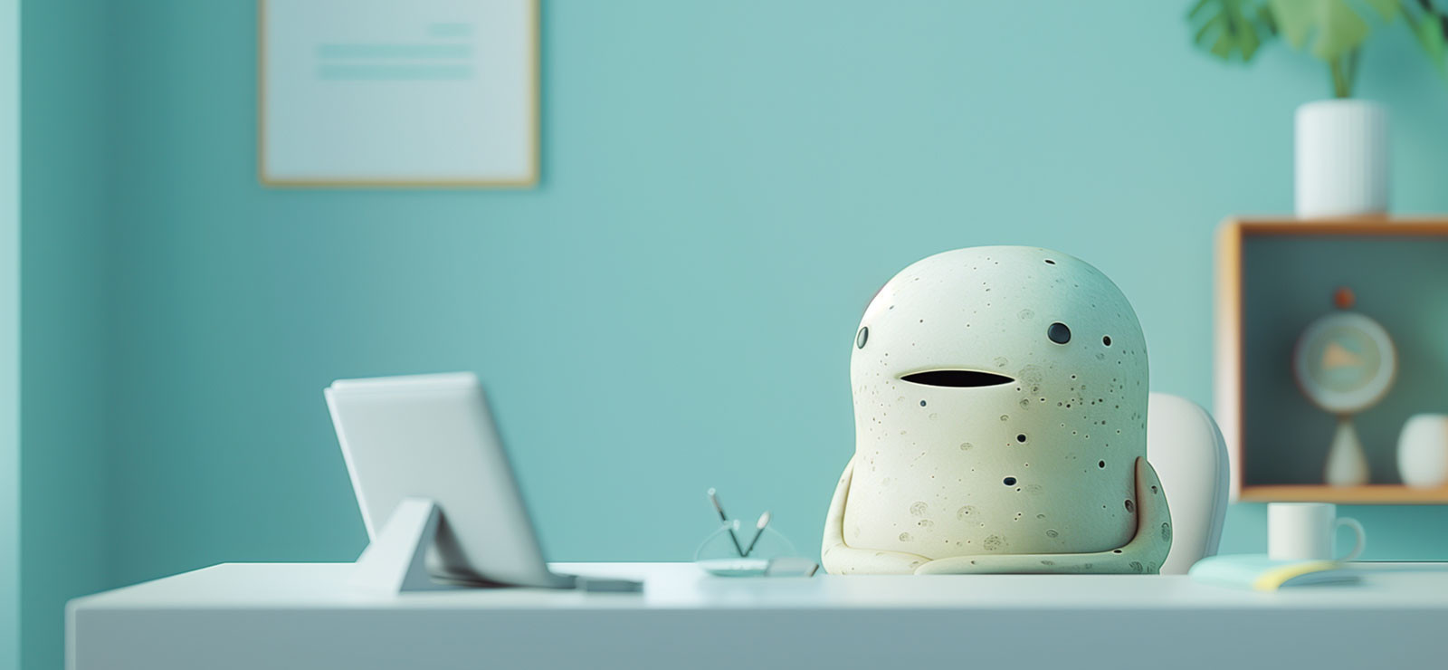 Stone figure sits at a table with a laptop