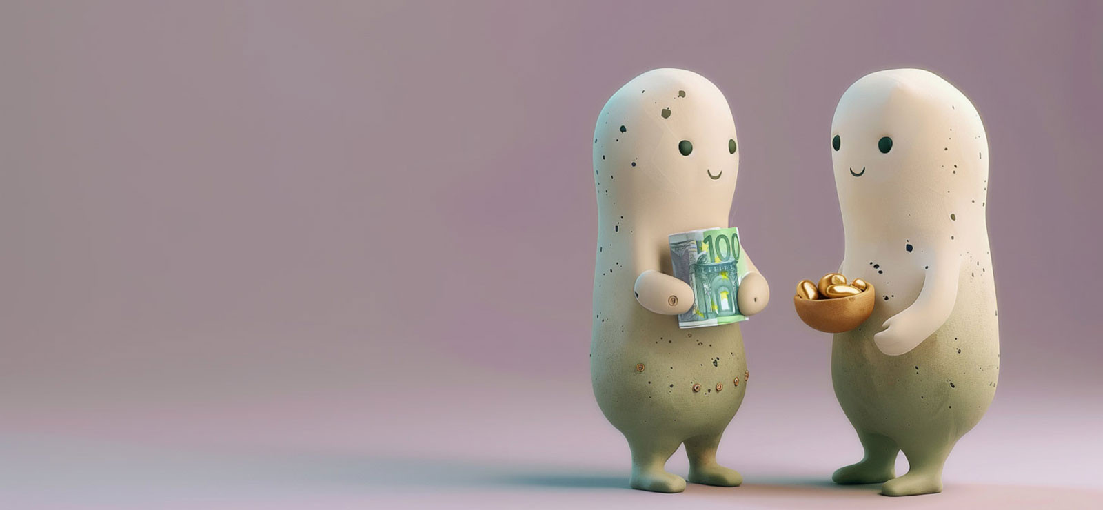 Two stone figures are exhcnaging various forms of payments in form of a 100 Euro note and some gold nuggets