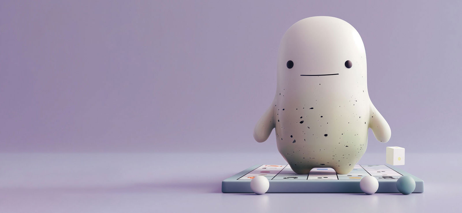 A stone figure stands on a board that resembles a tablet.
