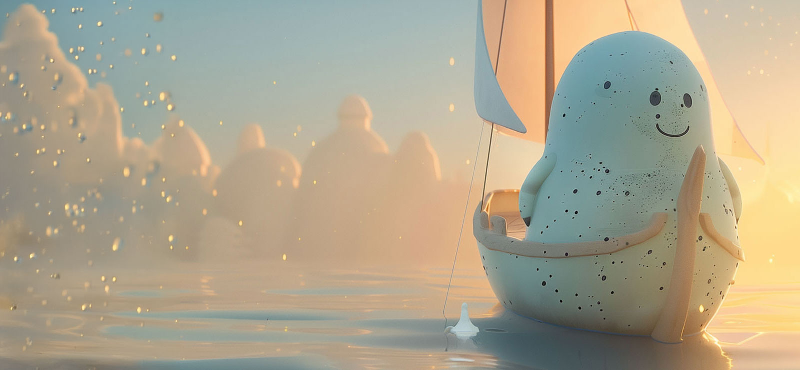 Stone figure sails with a boat in the sea and clouds come from behind