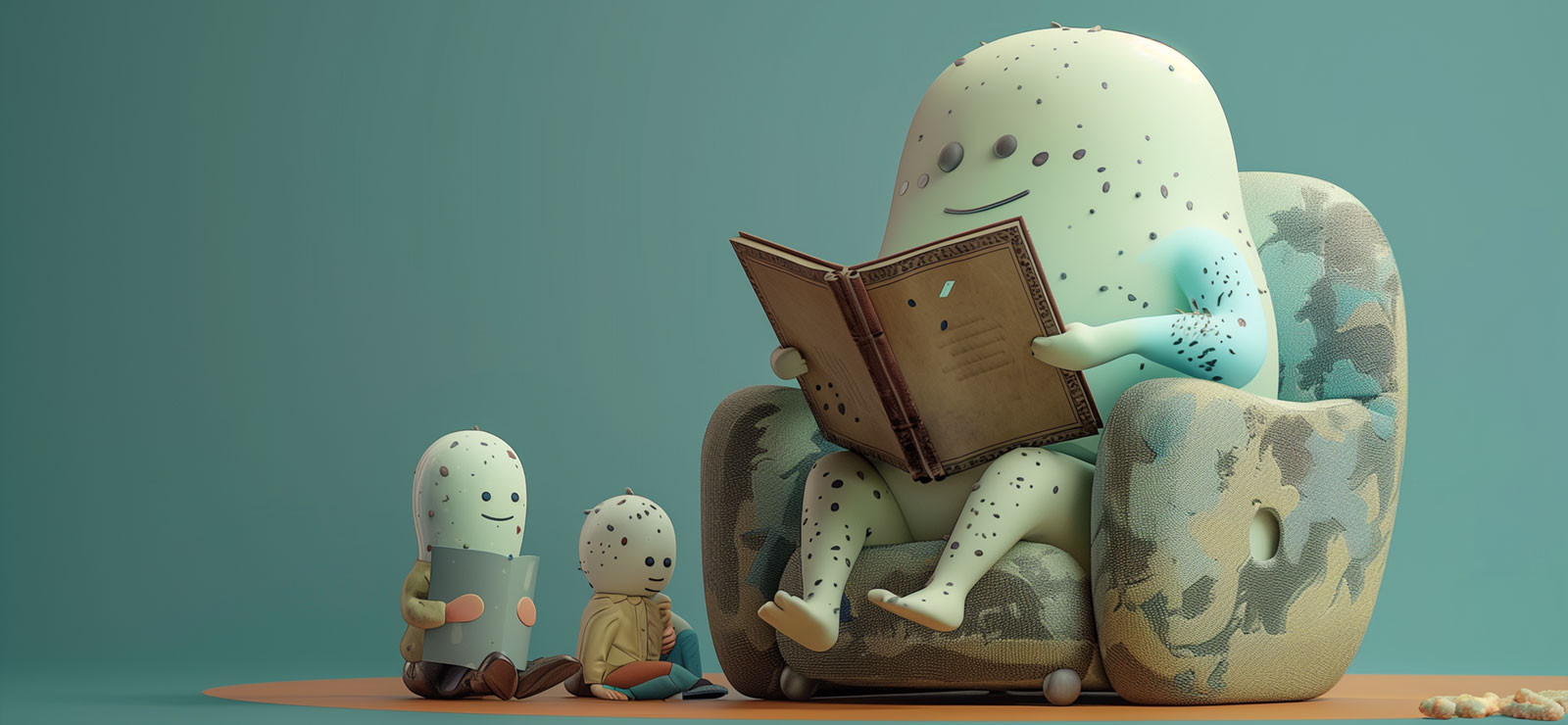 A stone figure reads a story to three small stone figures