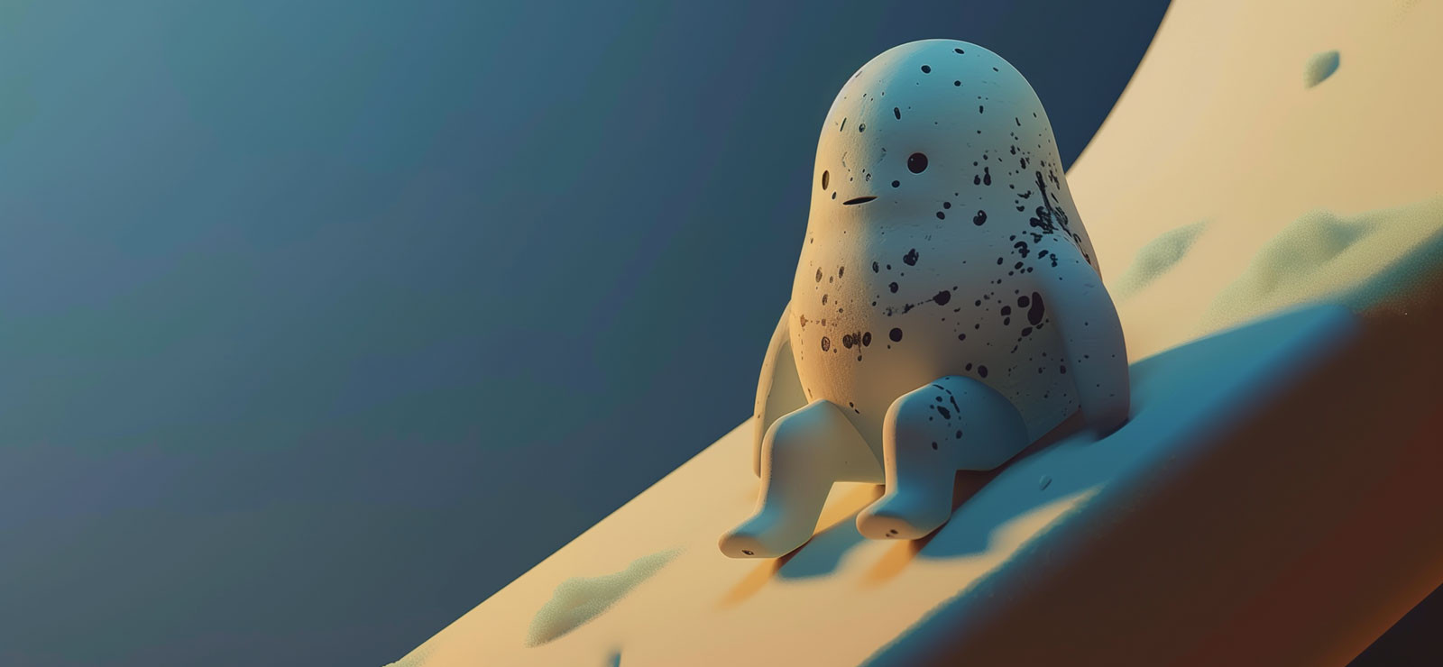 A stone figure is sitting with a concerned expression