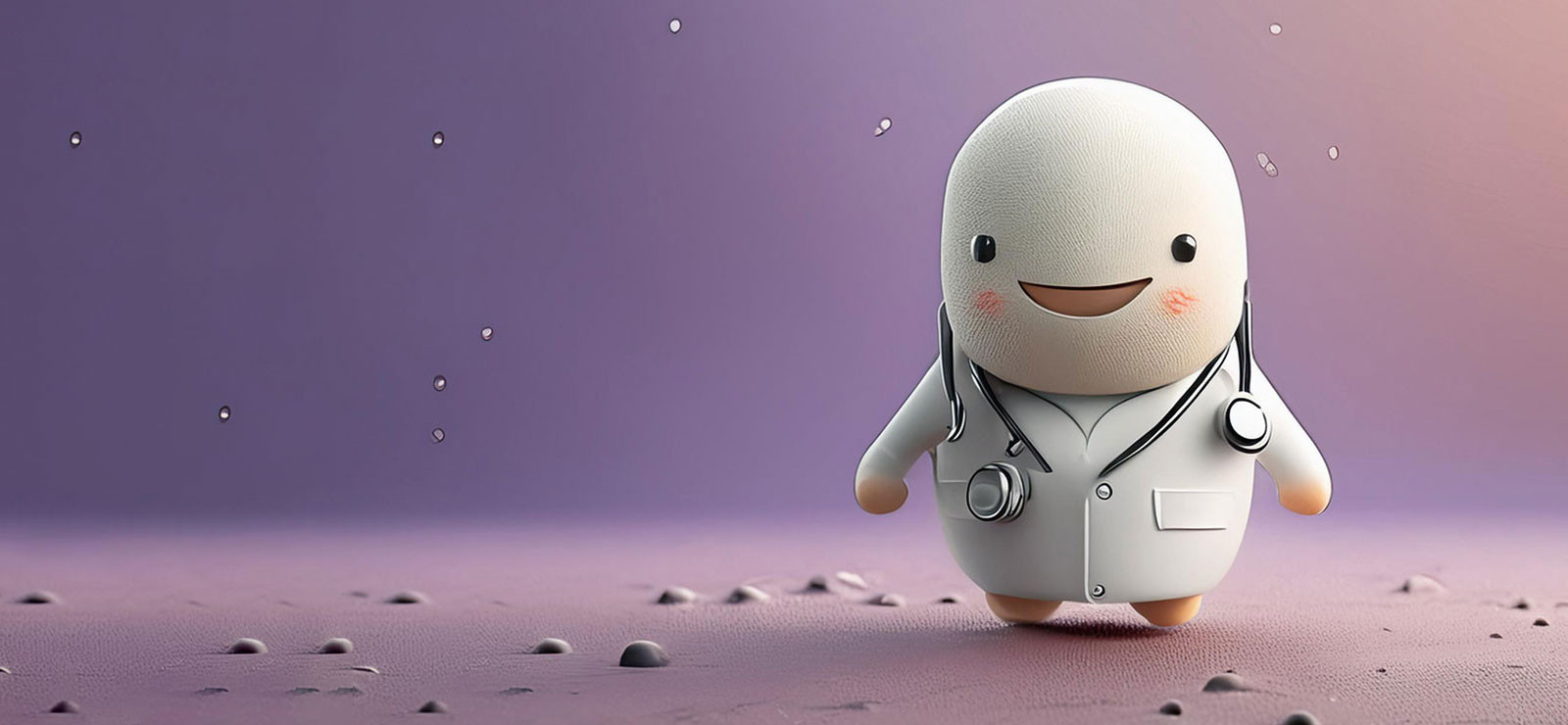 A stone figure smiles and stands on an uneven surface with a medical listening device.