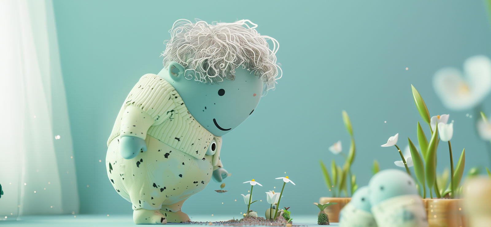 A stone figure with gray hair bends down and waters flowers